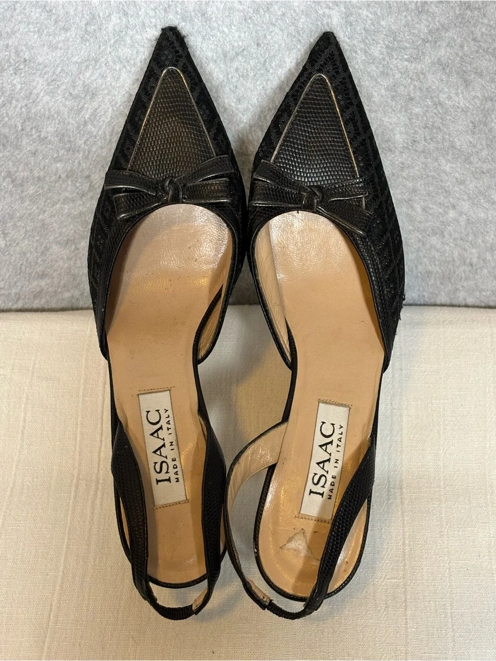 Vintage Isaac Mizrahi Patterned Fabric Slingback Pumps Heels-Black-Women Size 7